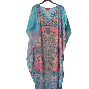 Lilly Pulitzer Turquoise & Pink Printed Sheer Kaftan Cover-Up